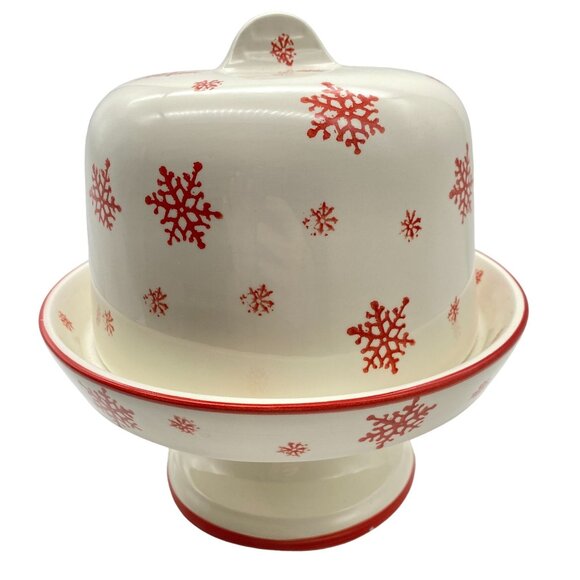 Farval Red white snowflake print covered pie cake dessert stand plate cookies Po - Picture 3 of 14